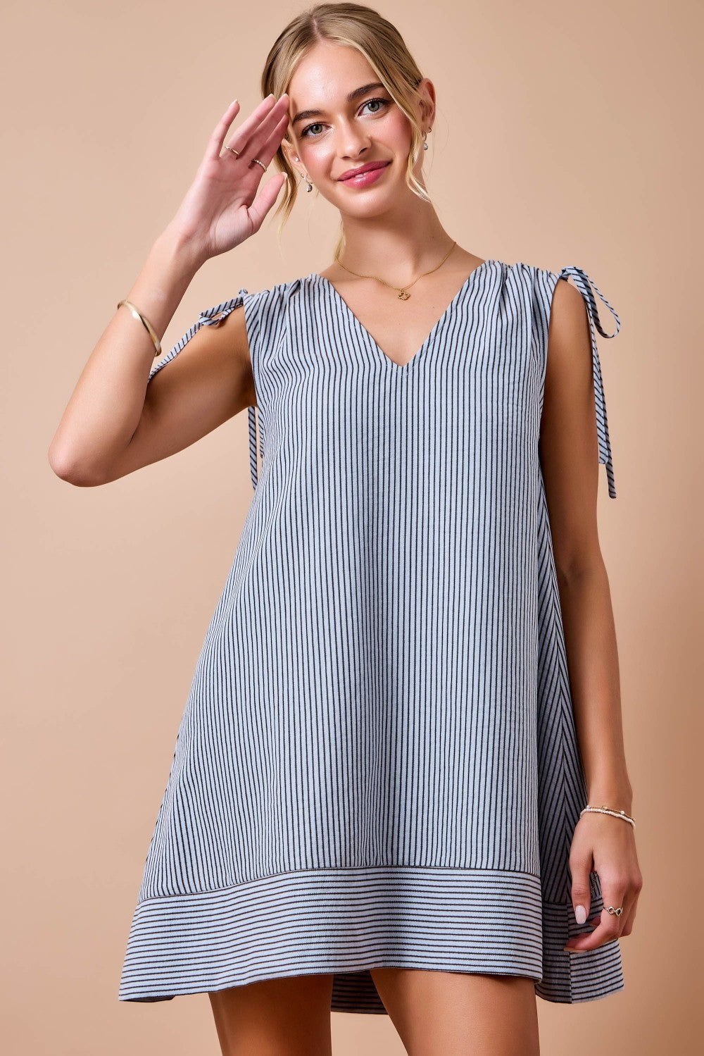 Stripe V-neck Dress w/ Shoulder Tie