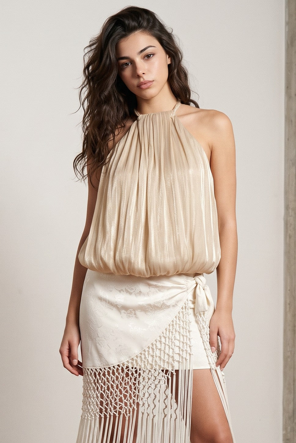 Crinkled Shimmer Ballon Halter Top