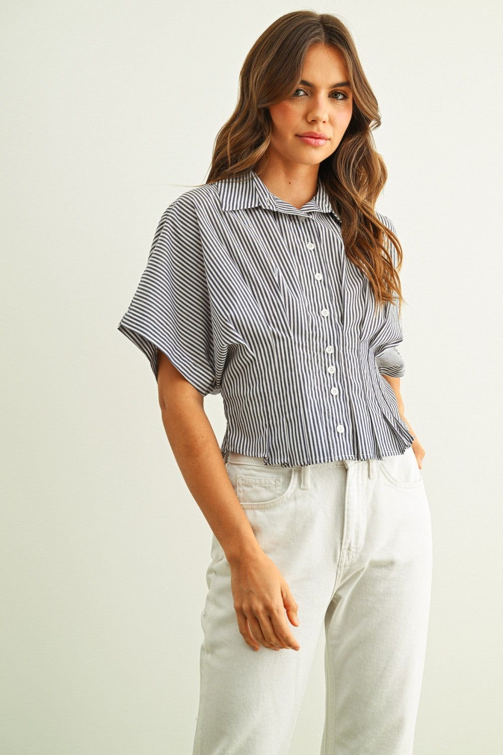 Pinstripe Peplum Shirt Navy - Clothe Boutique