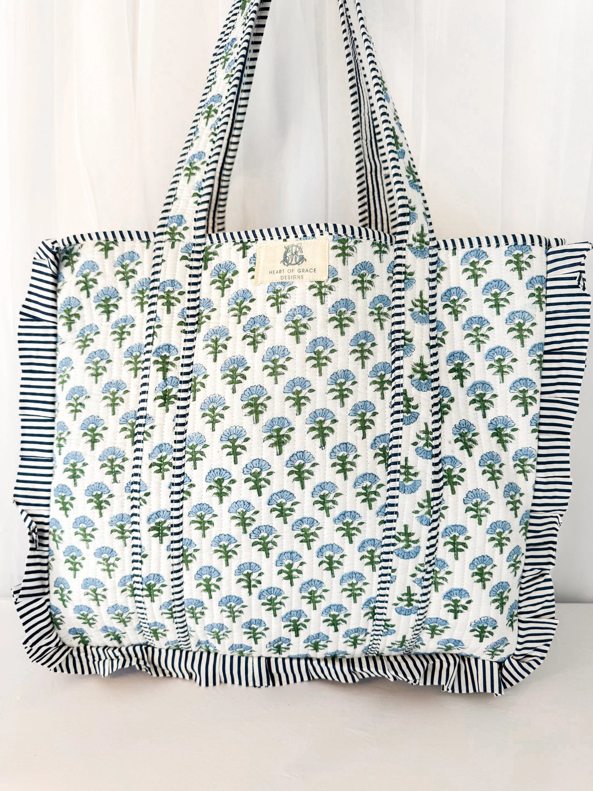Ruffled Quilted Tote Bag Blue Floral