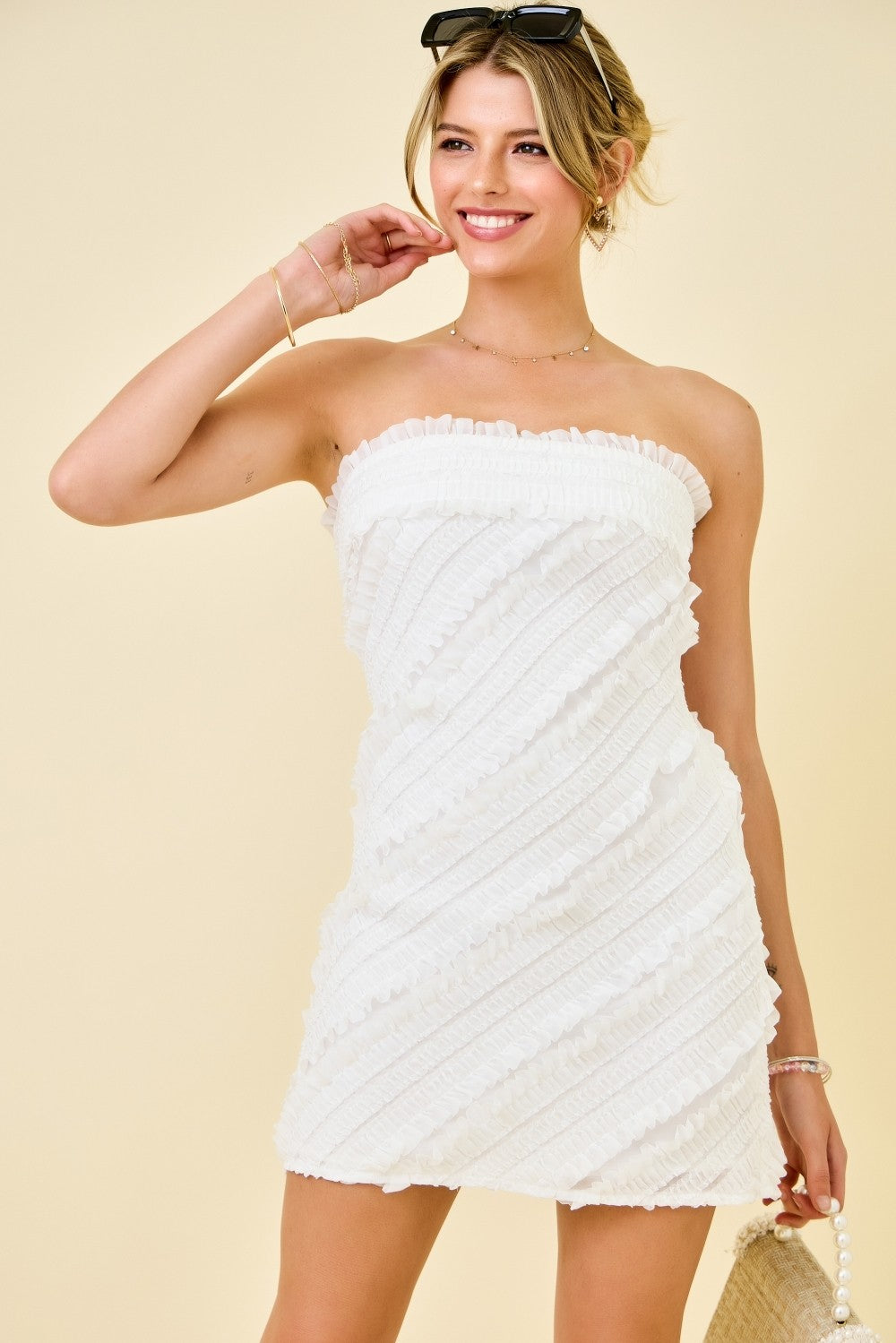 Smocked Ruffle Strapless Dress White