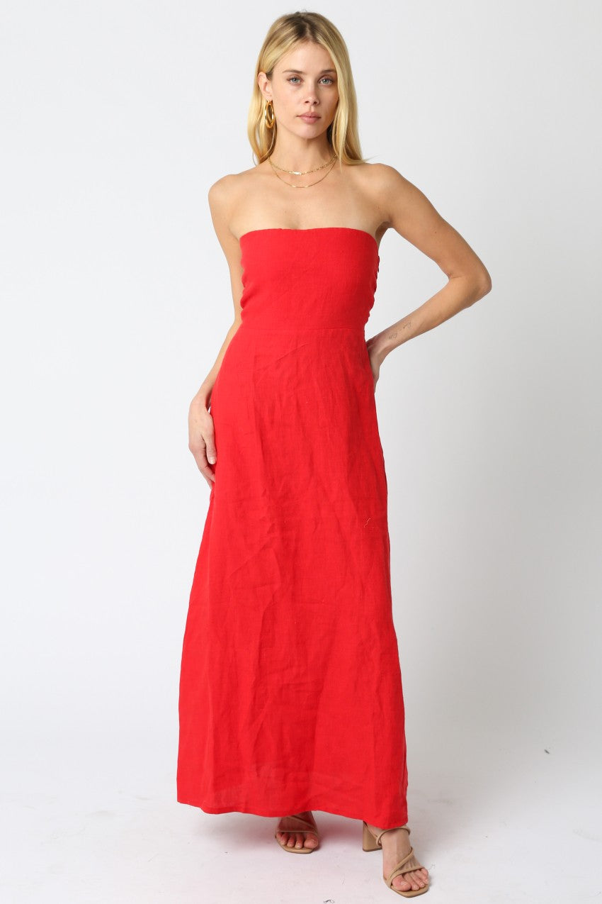 Linen Strapless Maxi Dress Red