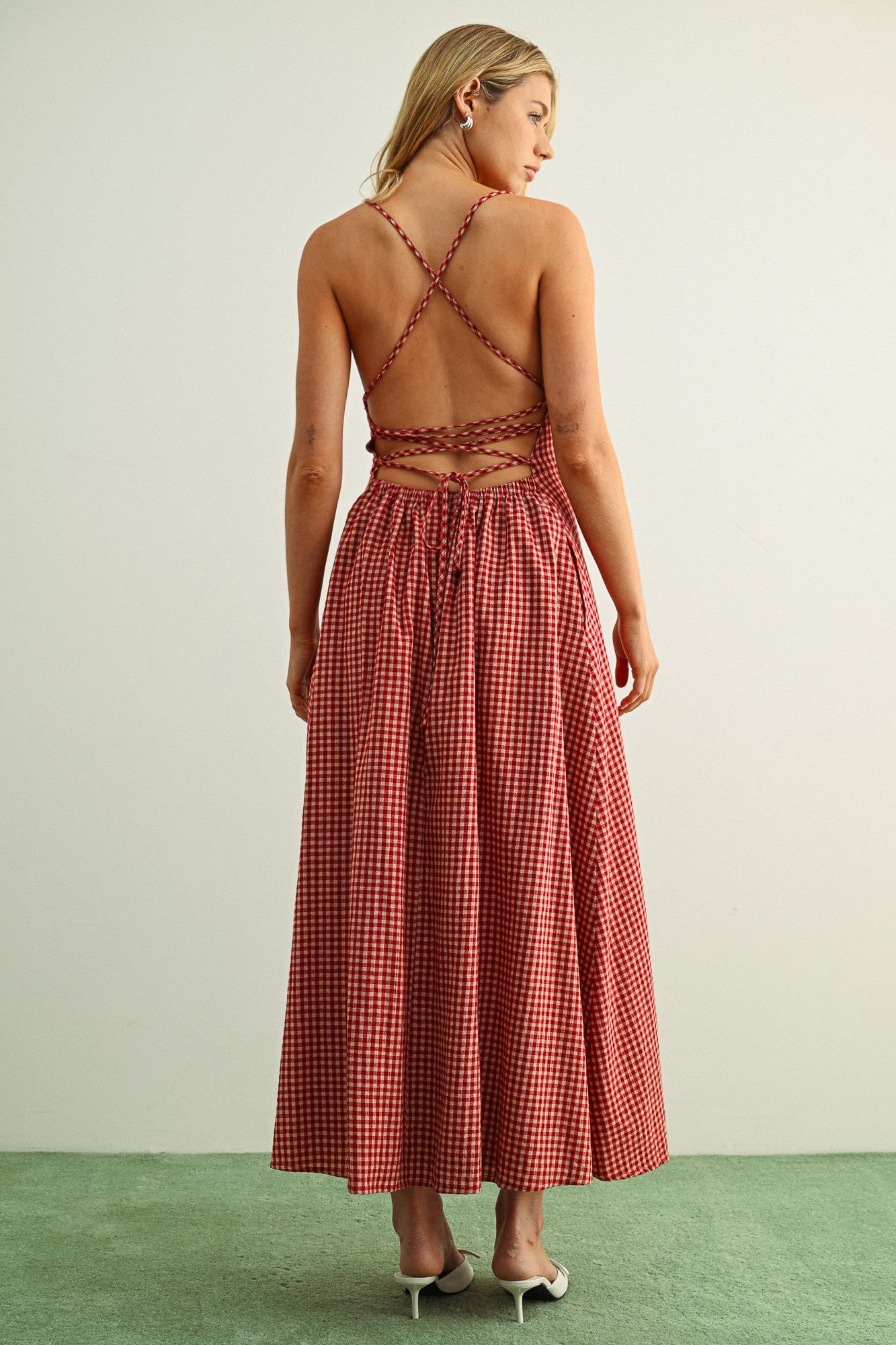 Red Gingham Tie Back Midi Dress - Clothe Boutique