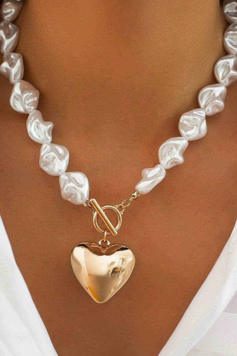 Heart Charm Pearl Toggle Necklace