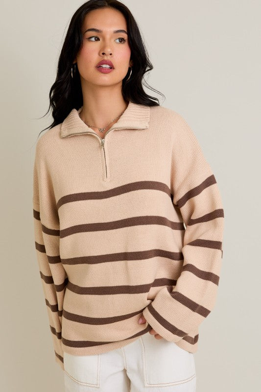 Brown Stripe Zip Up Sweater