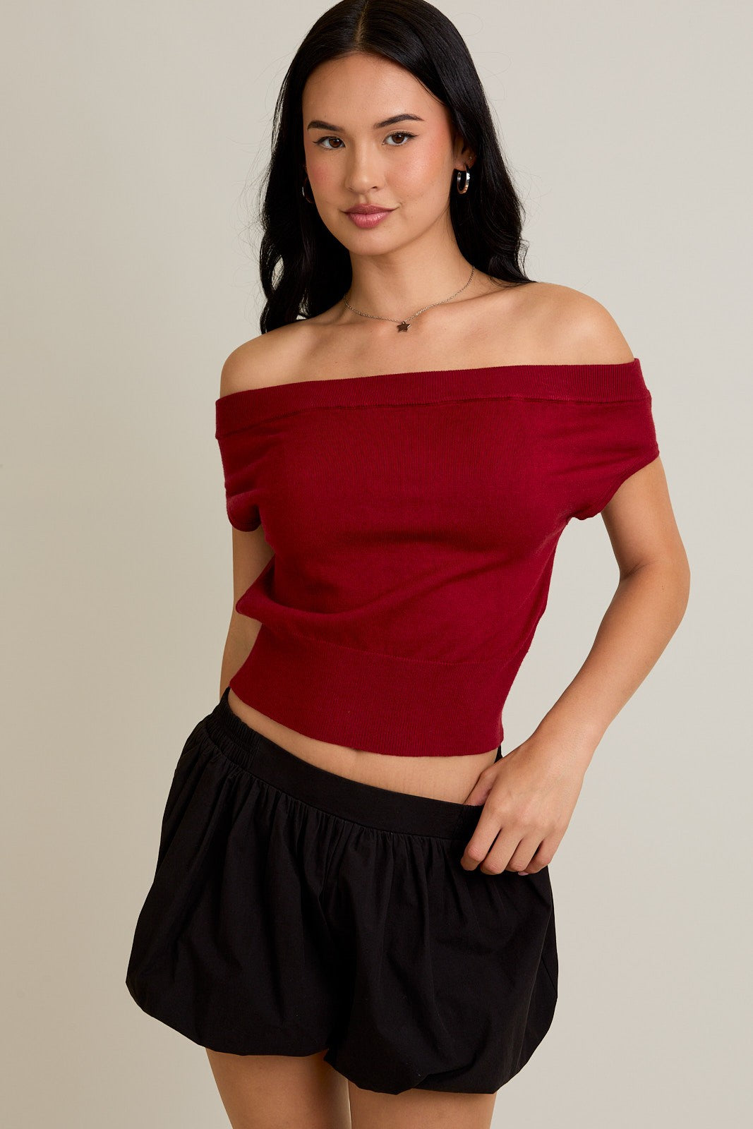 Maroon Off Shoulder Cropped Sweater