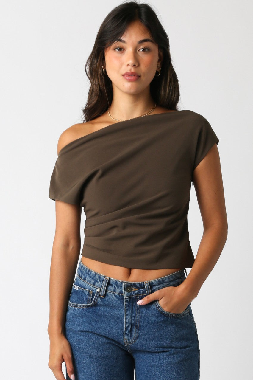 Anahi Asymmetrical Shoulder Top Brown - Clothe Boutique