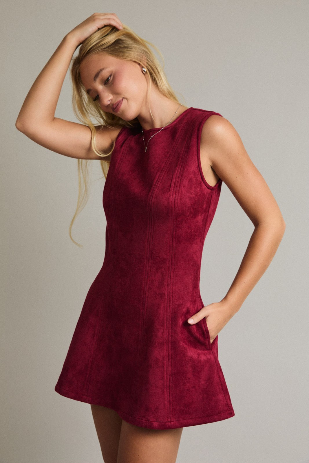 Round Neck Sleeveless Suede Dress Burgundy