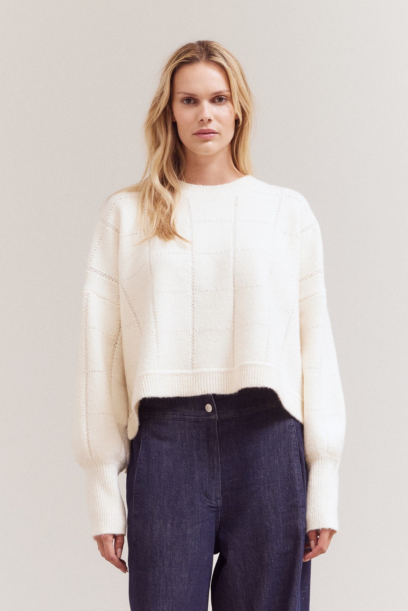 Ivory Textured Grid Knit Sweater