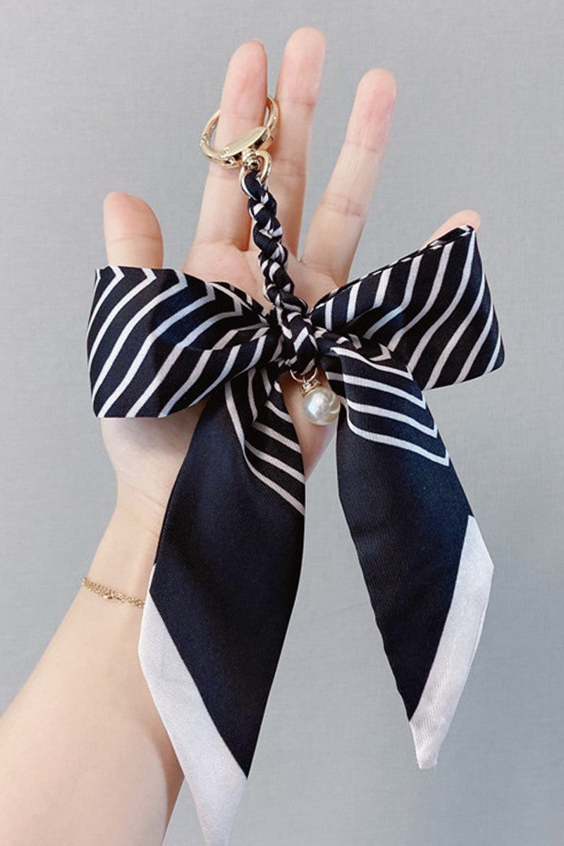 Stripe Scarf Bag Charm w/ Pearl Black