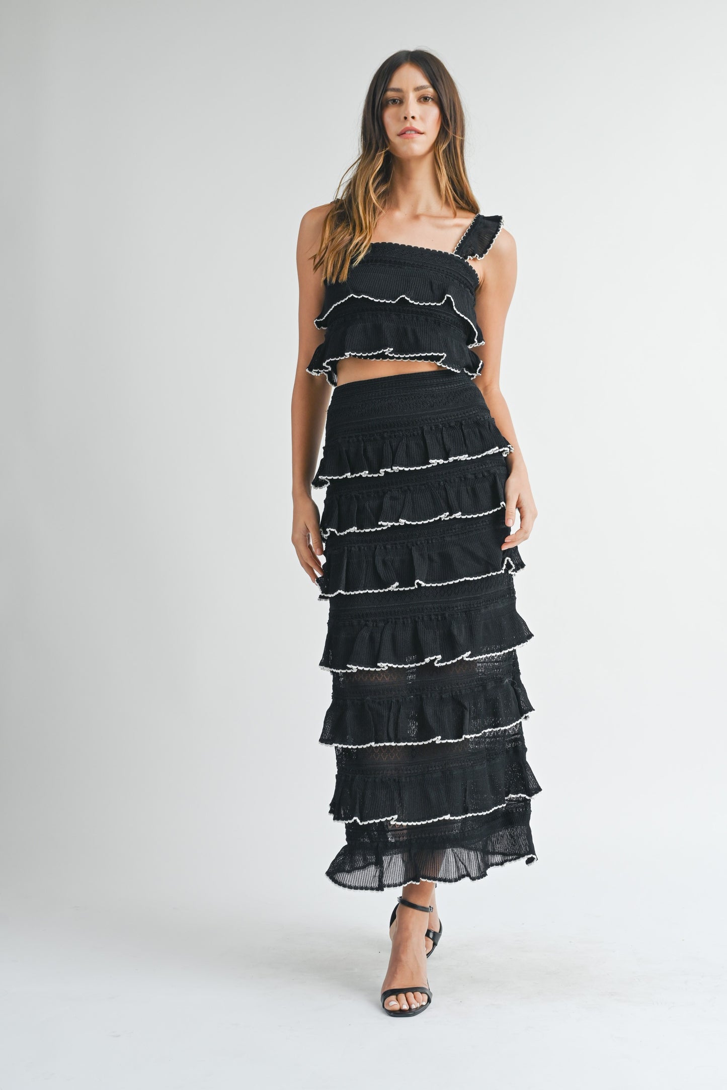 Black Tiered Ruffled Knit Top & Skirt Set of 2