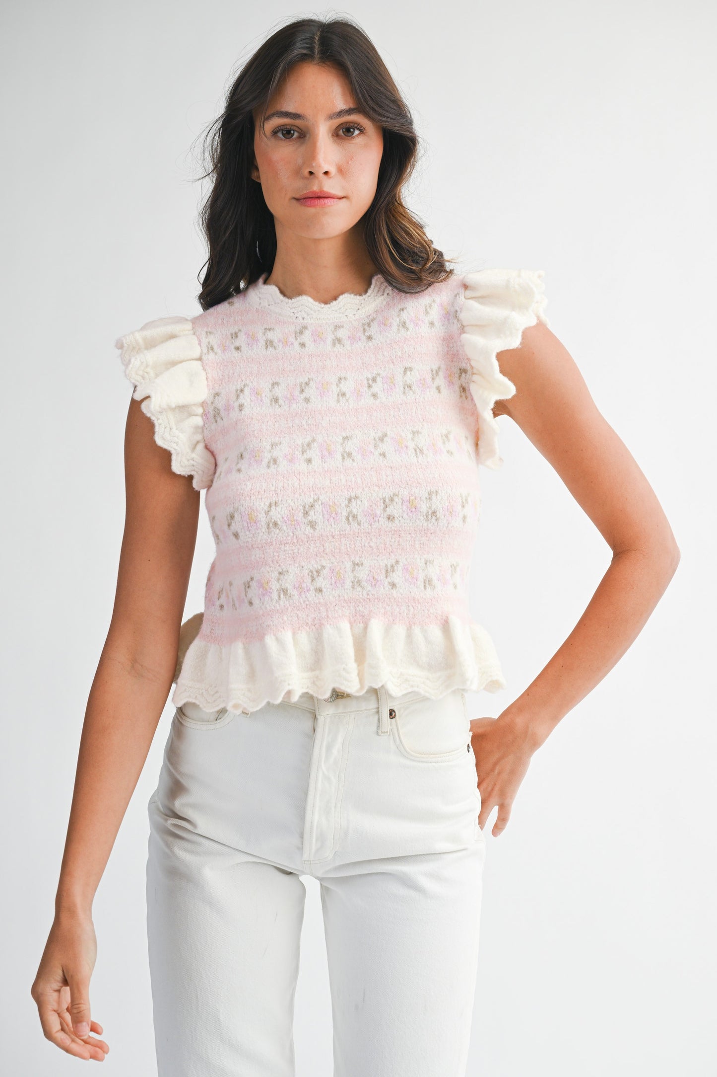 Floral Ruffle Sweater White/Pink