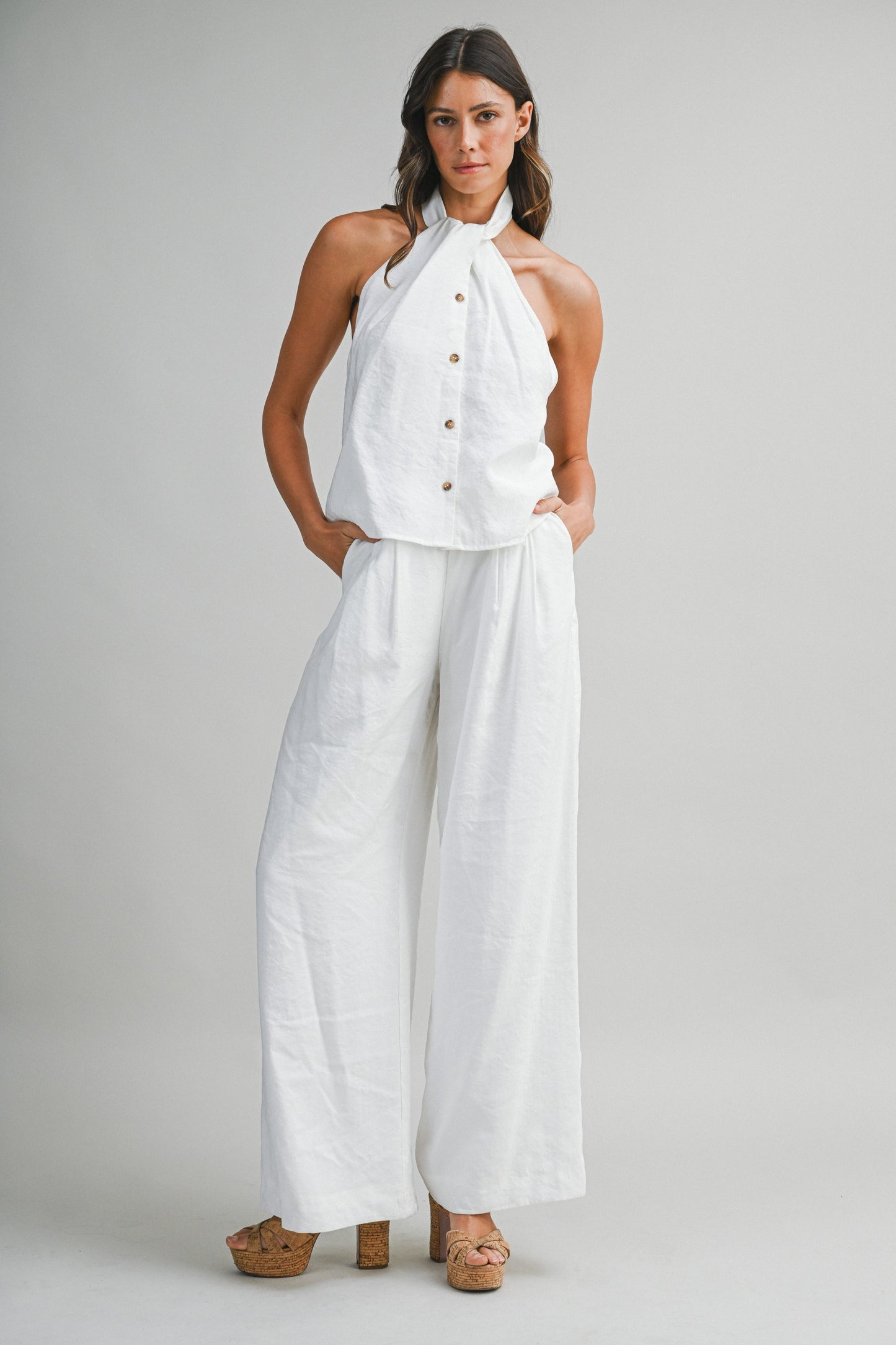 White Halter Button Top & Pants Set of 2 - Clothe Boutique