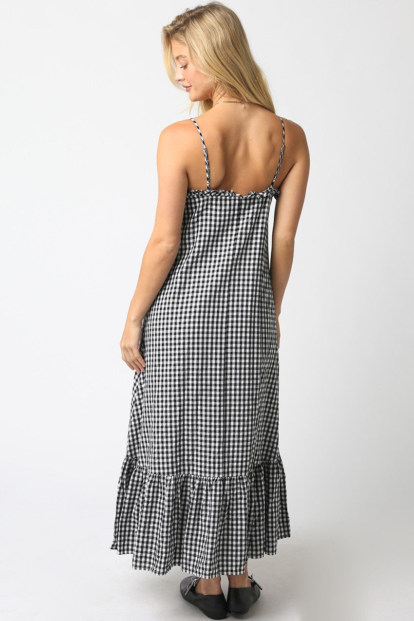 Gingham Ruffled Hem Maxi Dress Black