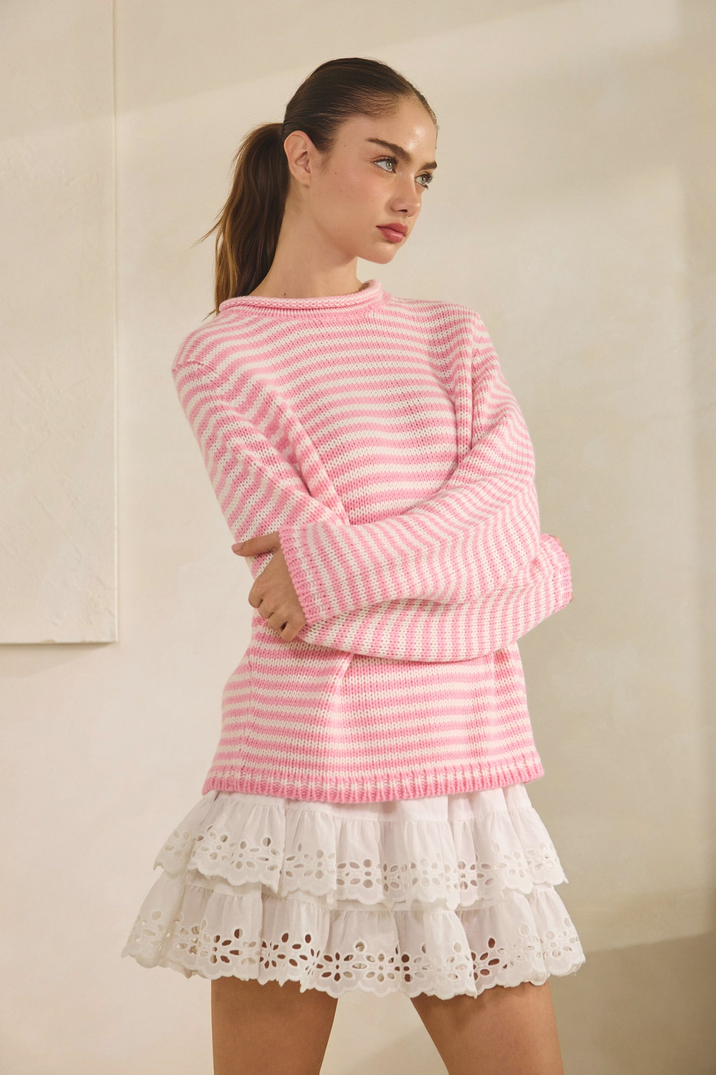 Everyday Cozy Stripe Knit Sweater Pink