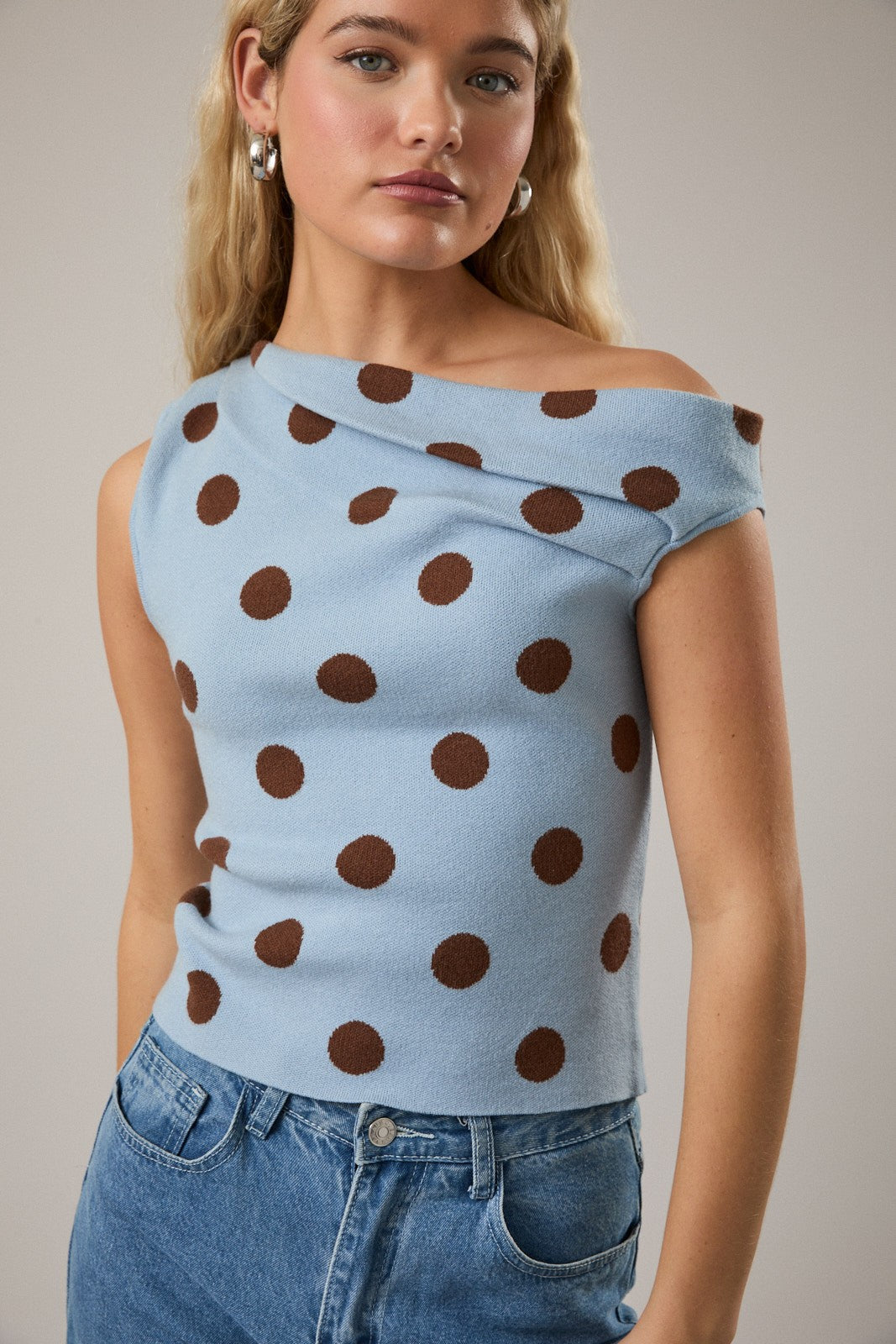 Asymmetrical Polka Dot Knit Top Blue - Clothe Boutique