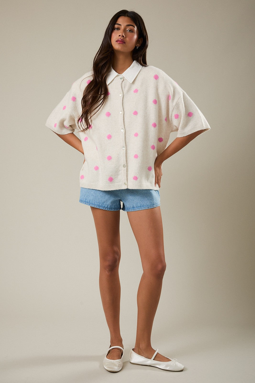 Pink Polka Dot Button Up Sweater - Clothe Boutique