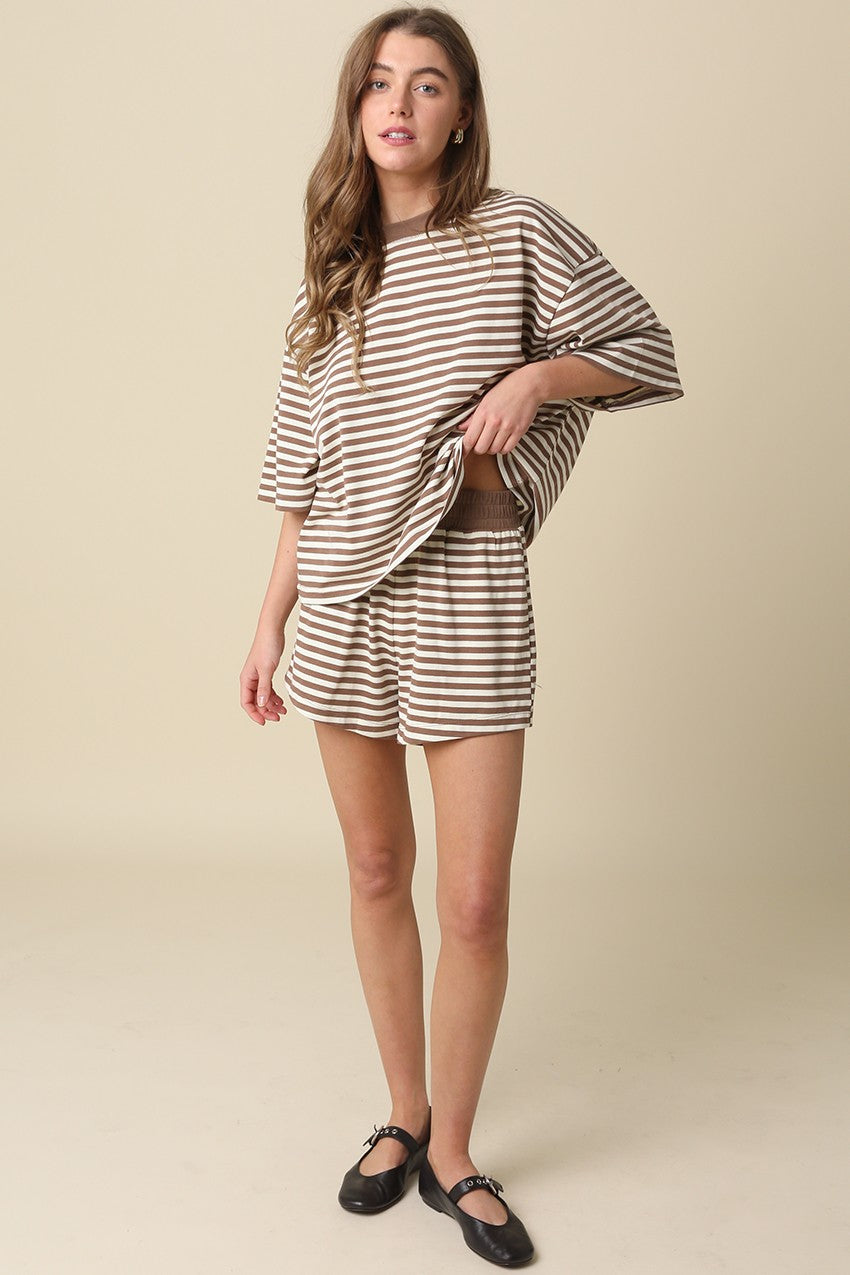 Relaxed Fit Top & Shorts Set Of 2 Brown/Cream - Clothe Boutique