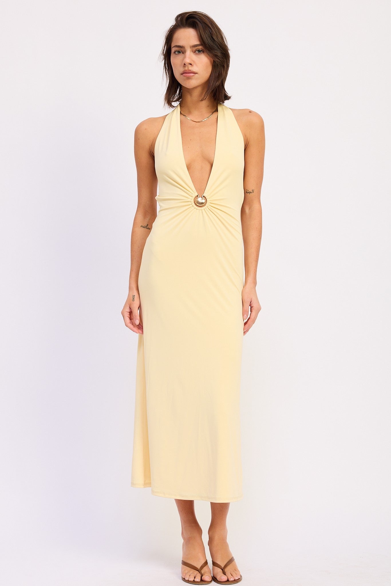 Deep V Shell Halter Midi Dress Butter - Clothe Boutique