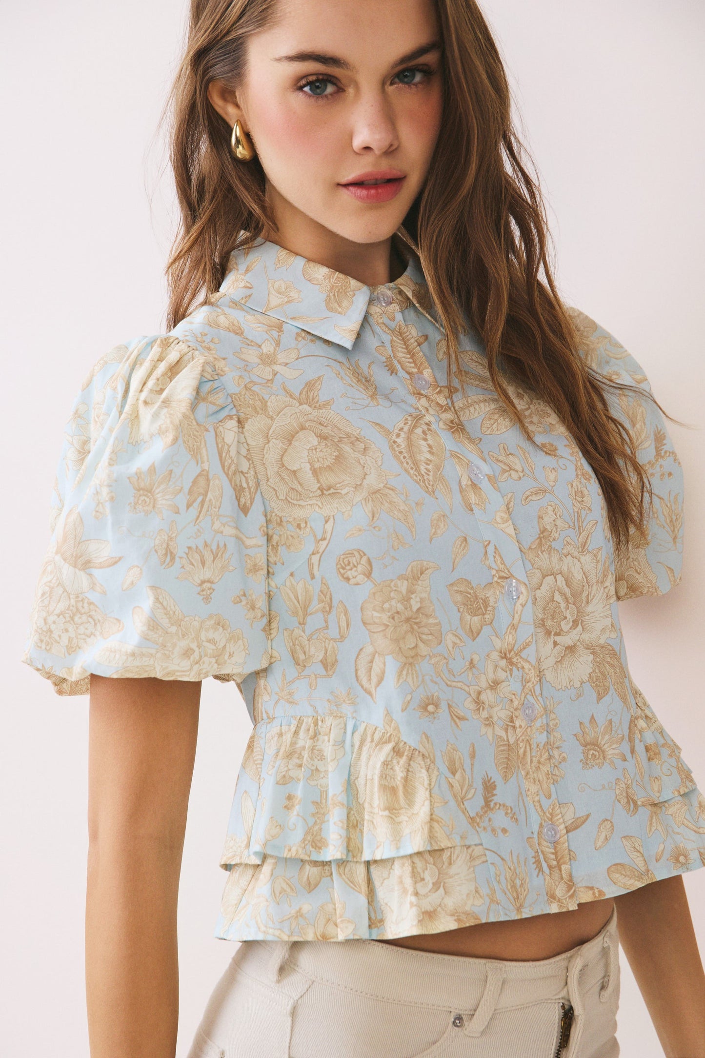 Blue Floral Peplum Button Up Top - Clothe Boutique