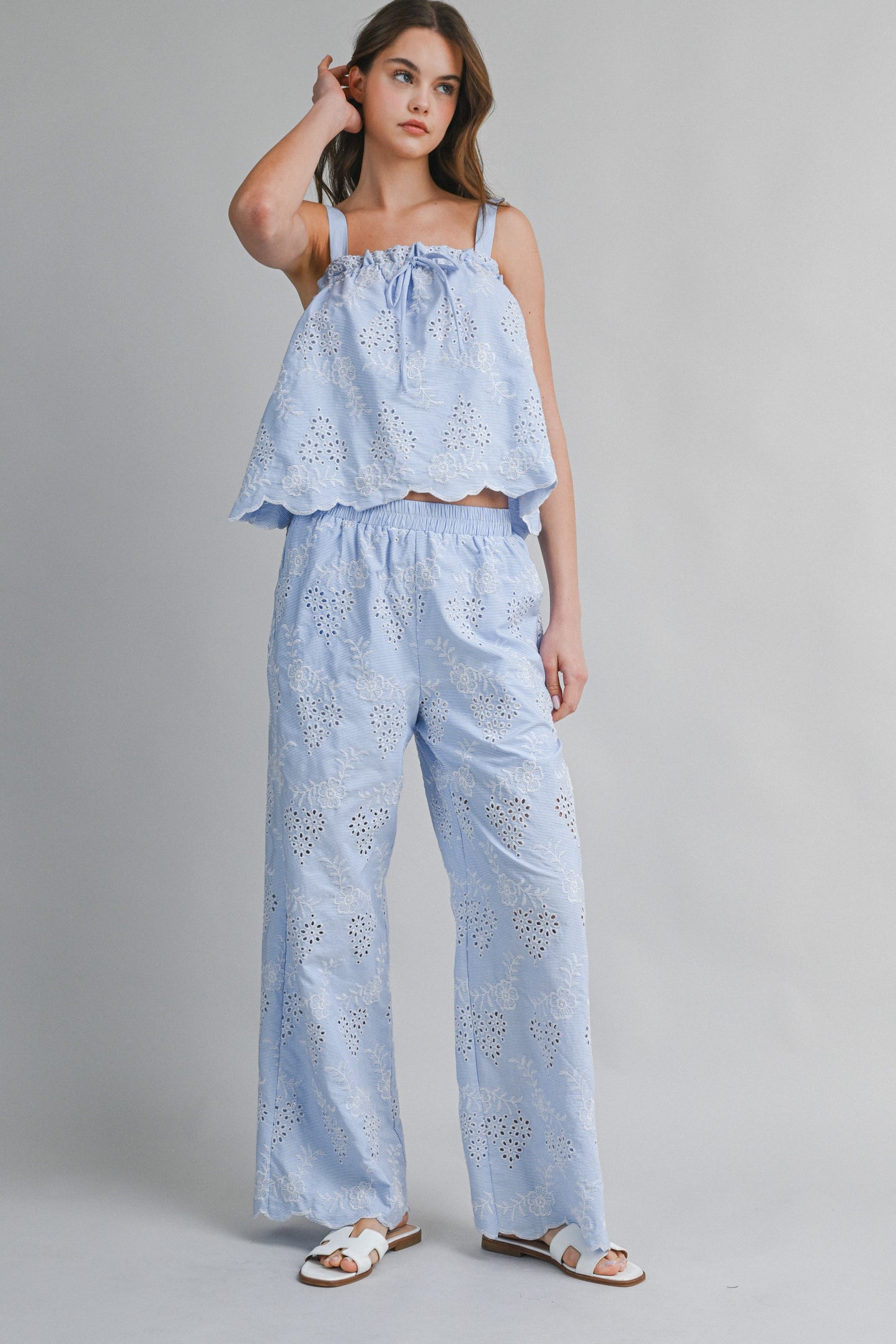 Blue Striped Eyelet Top & Pants Set of 2