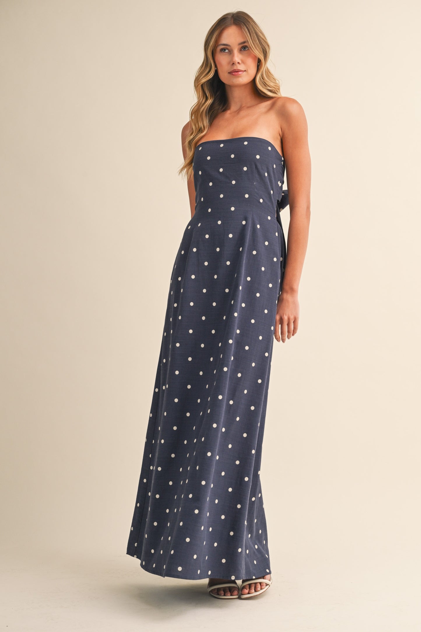 Navy Polka Dot Strapless Maxi Dress