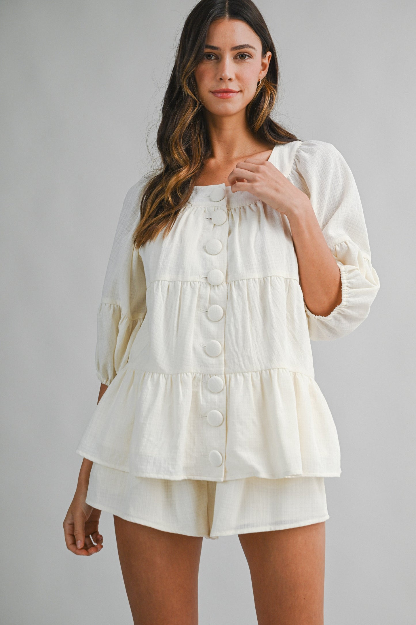 Buttons Tiered Top & Shorts Set of 2 Cream