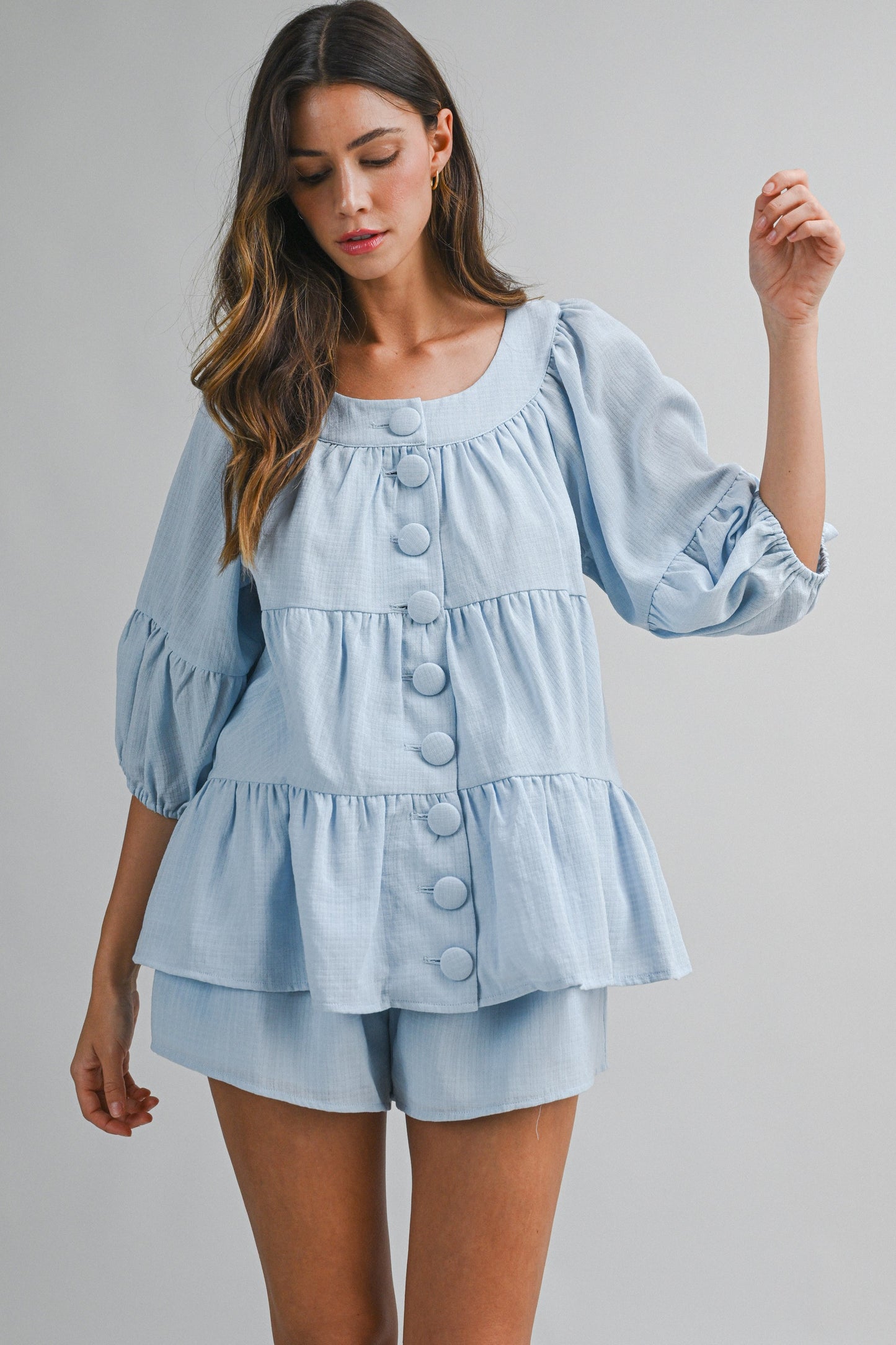 Buttons Tiered Top & Shorts Set of 2 Blue