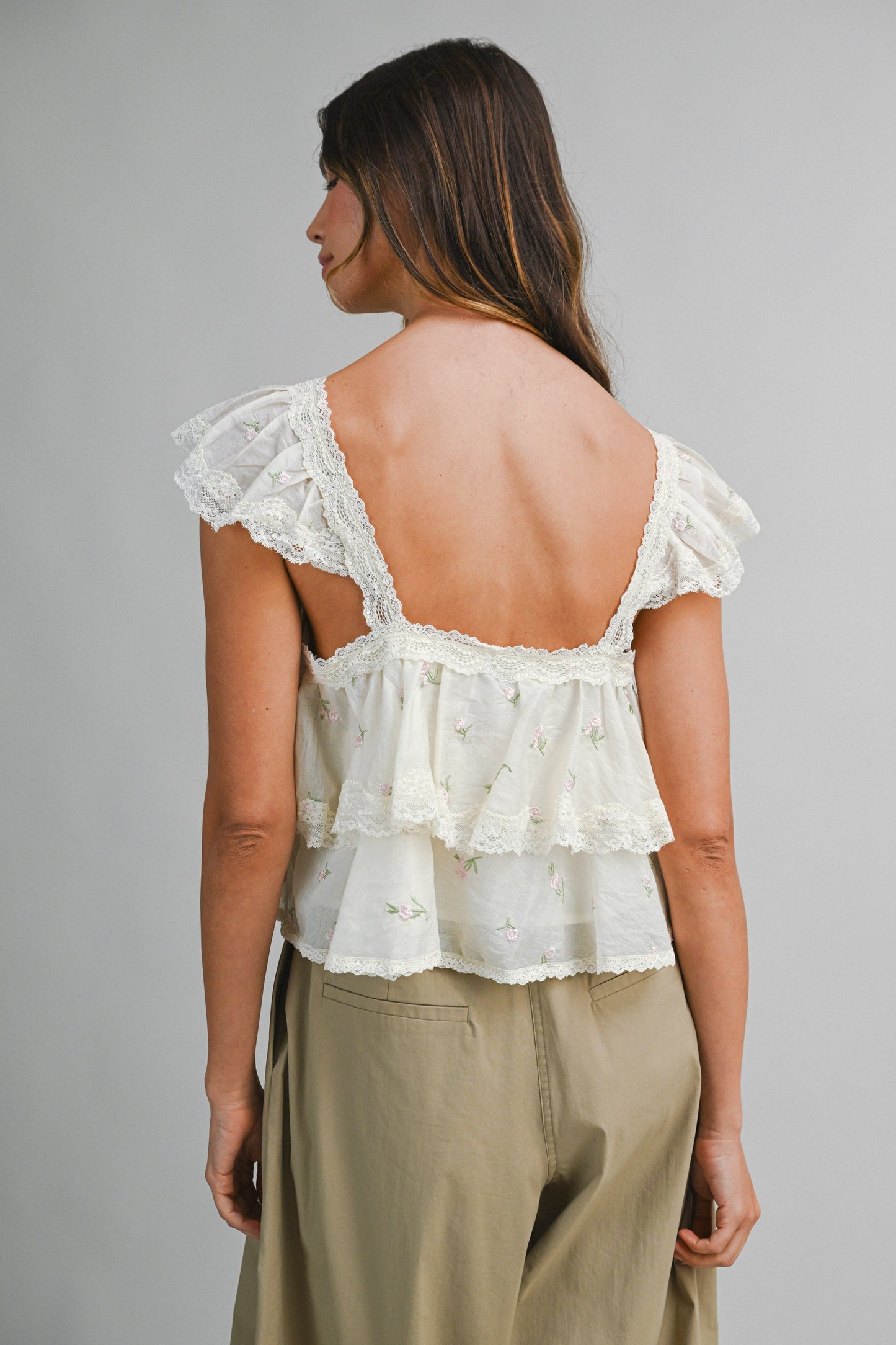Floral Lace Trim Ruffle Top