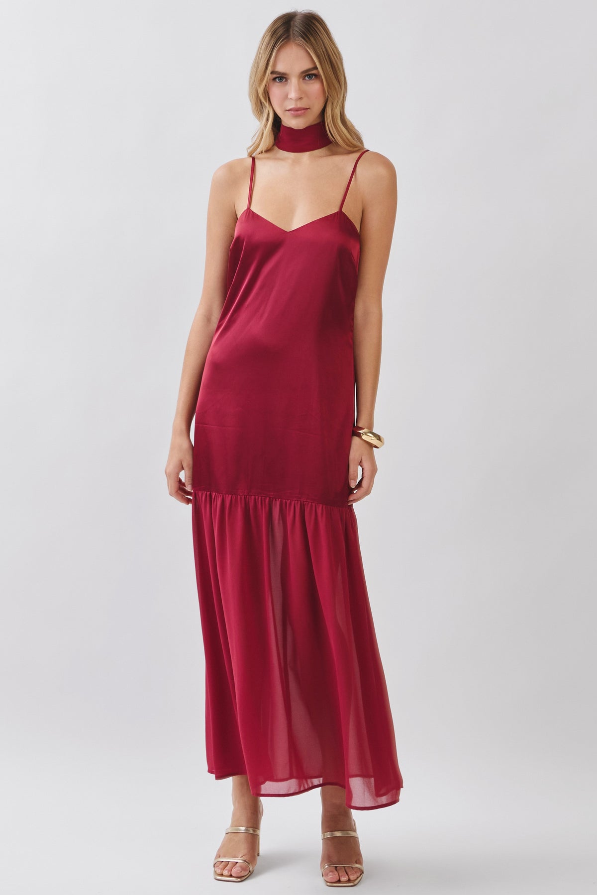 Chiffon Tiered Maxi w/ Scarf Wine