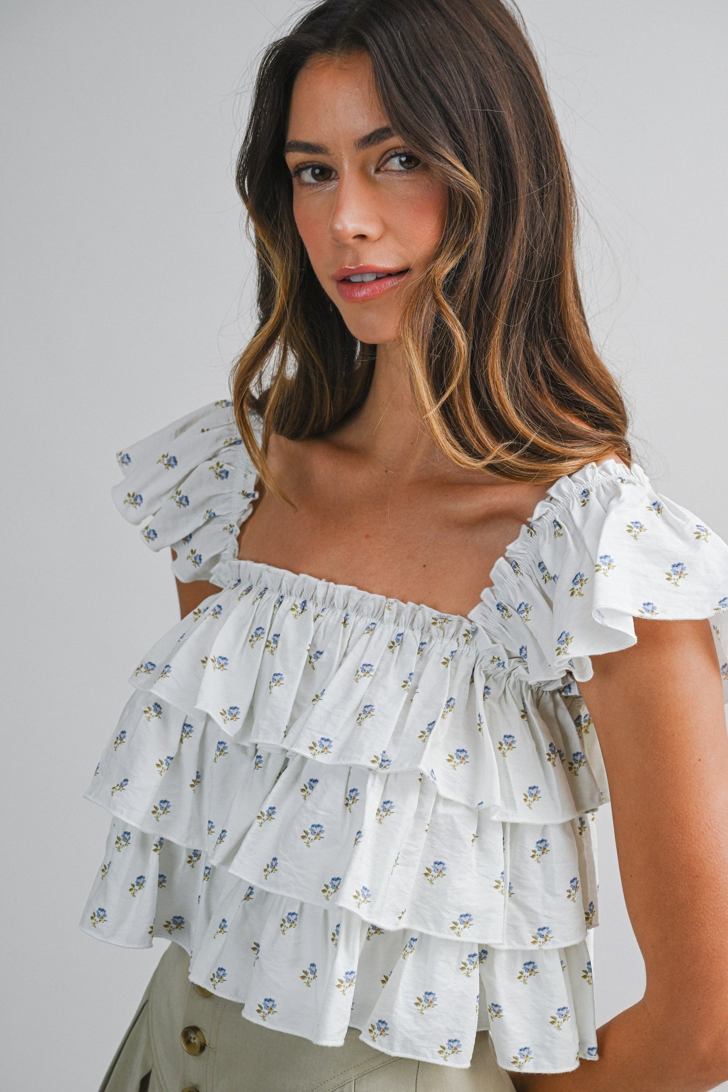 Ditsy Floral Ruffle Top White