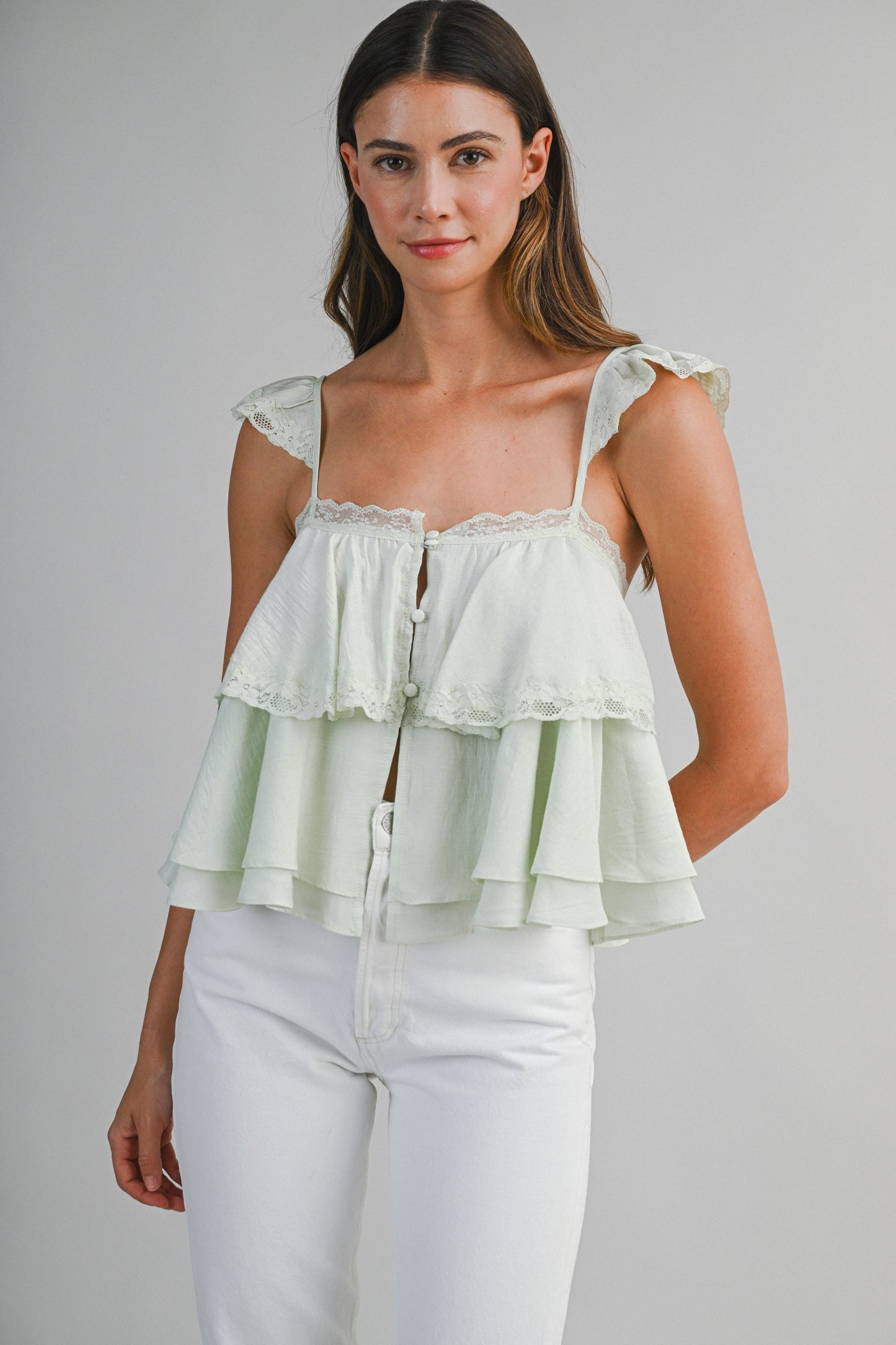 Lace Trim Ruffle Tier Top Mint