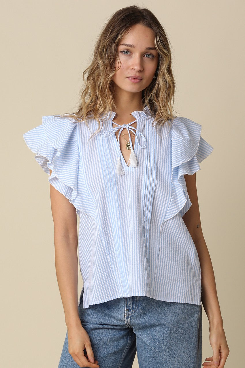 Denisse Pintuck Ruffle Blouse Blue