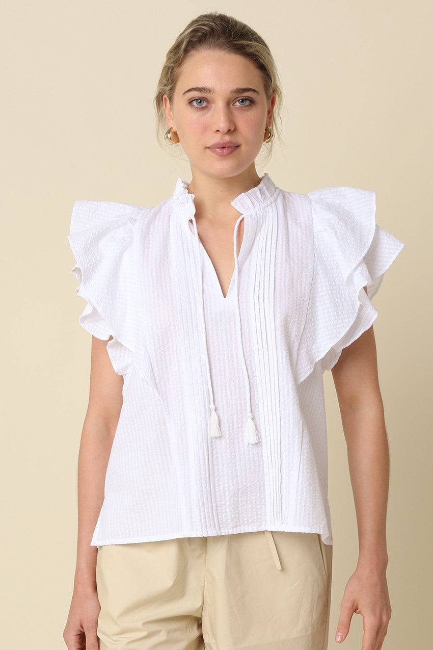 Denisse Pintuck Ruffle Blouse White