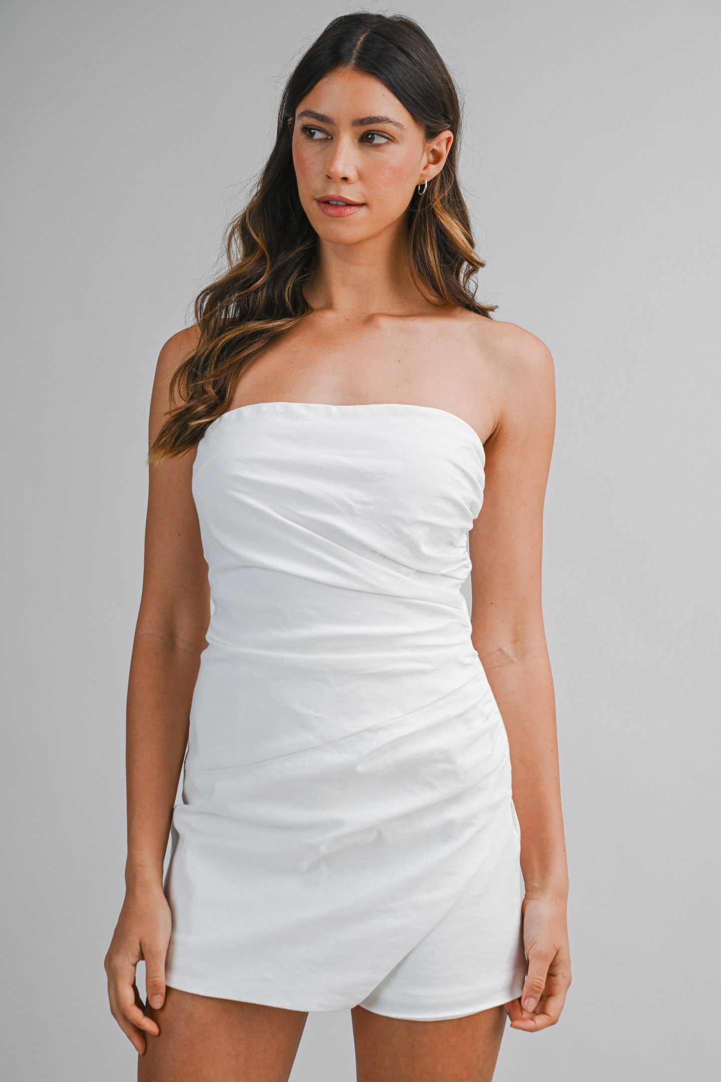 Strapless Side Shirring Romper White