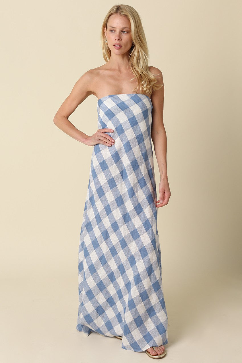 Gingham Check Strapless Maxi Dress