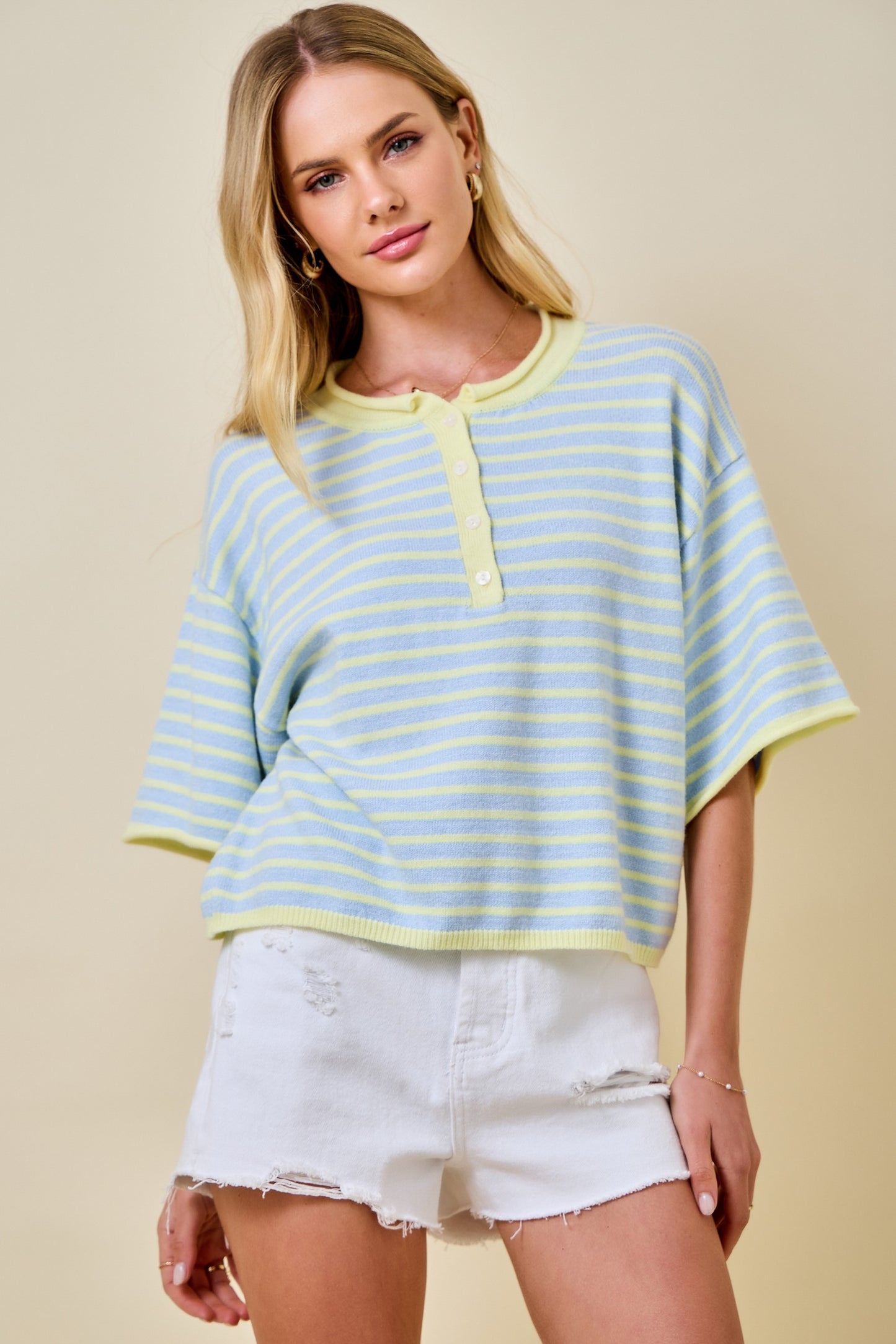 Striped Henley Knit Top Sky
