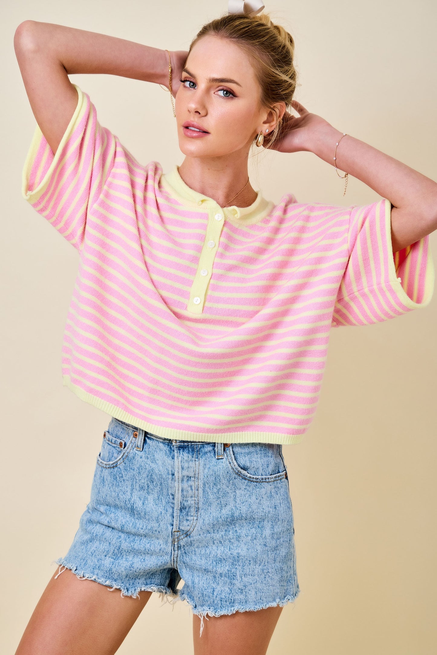 Striped Henley Knit Top Pink