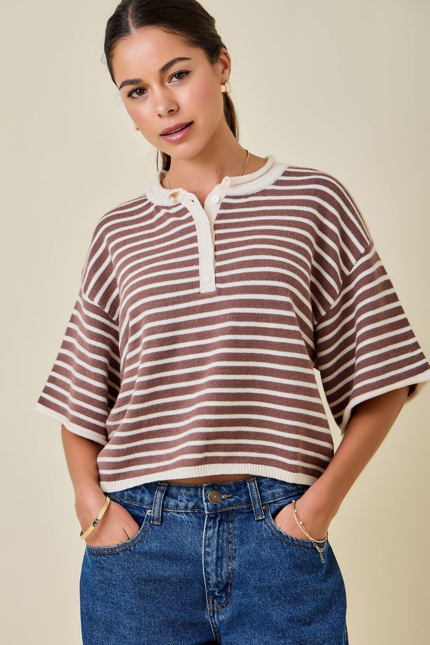 Striped Henley Knit Top Brown