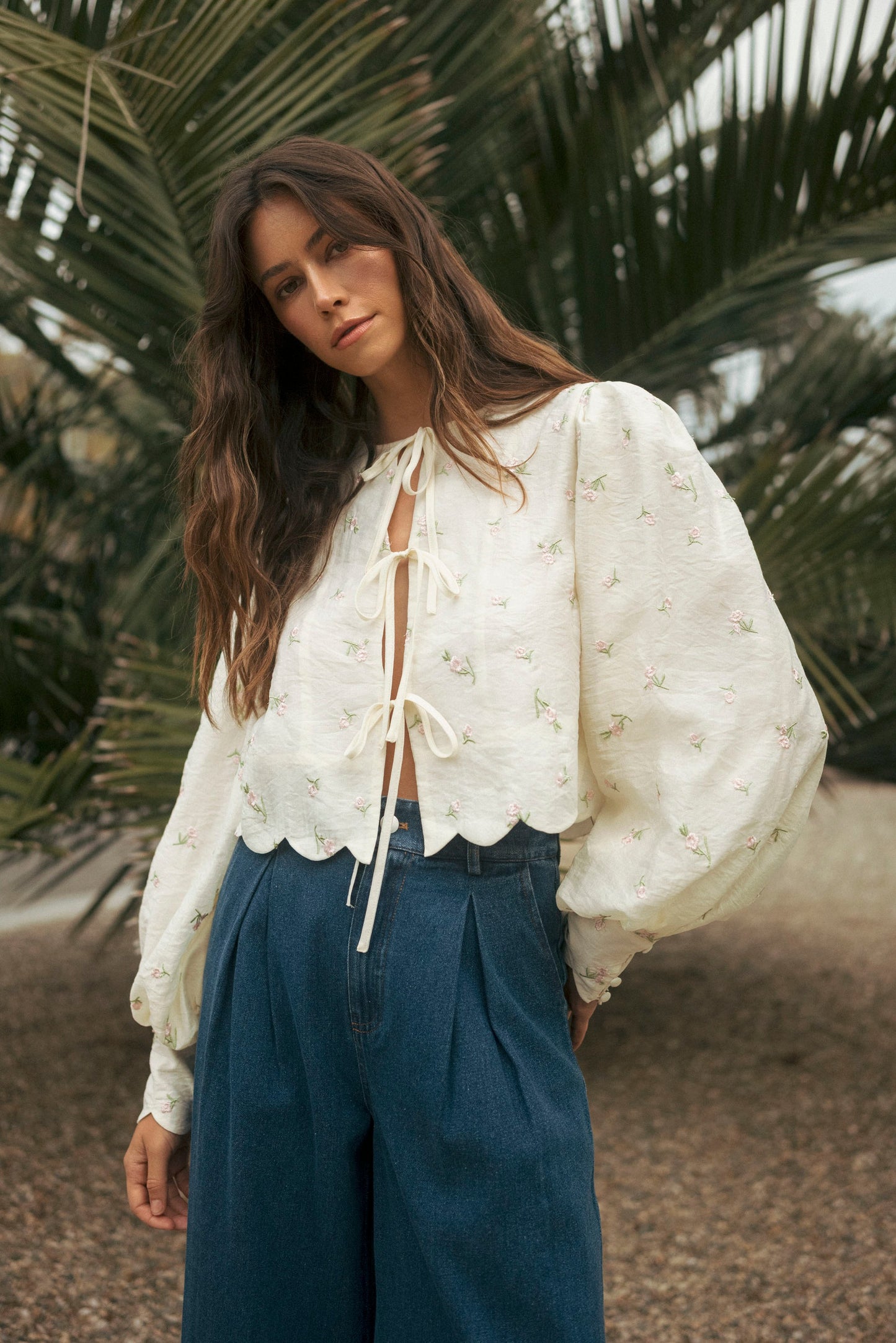 Embroidered Floral Scallop Blouse Butter