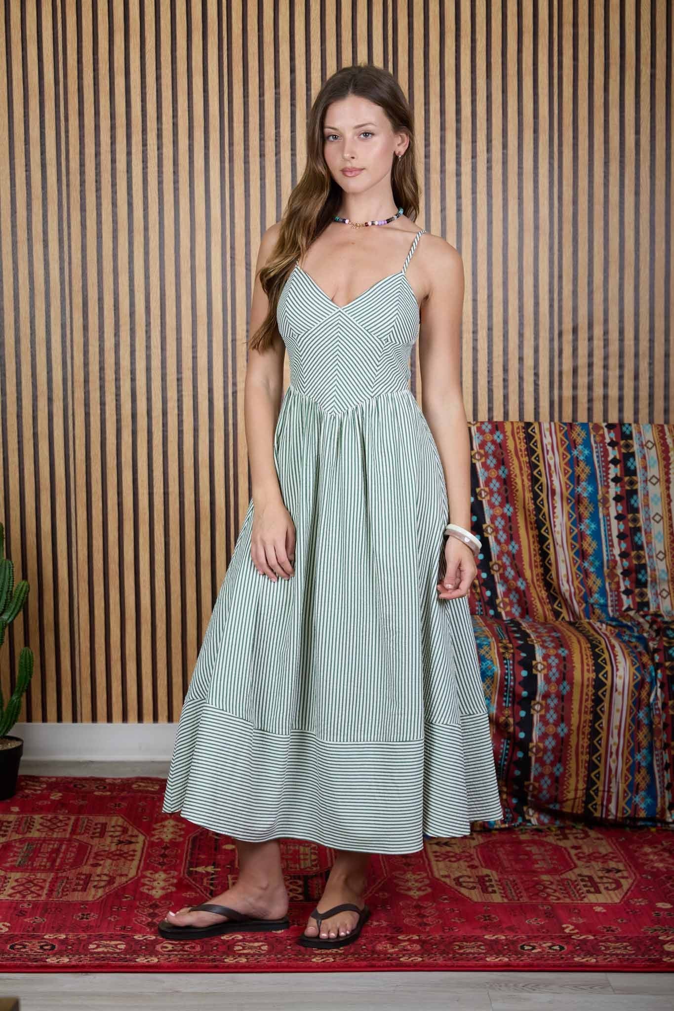 Stripe Spaghetti Strap Dress Green