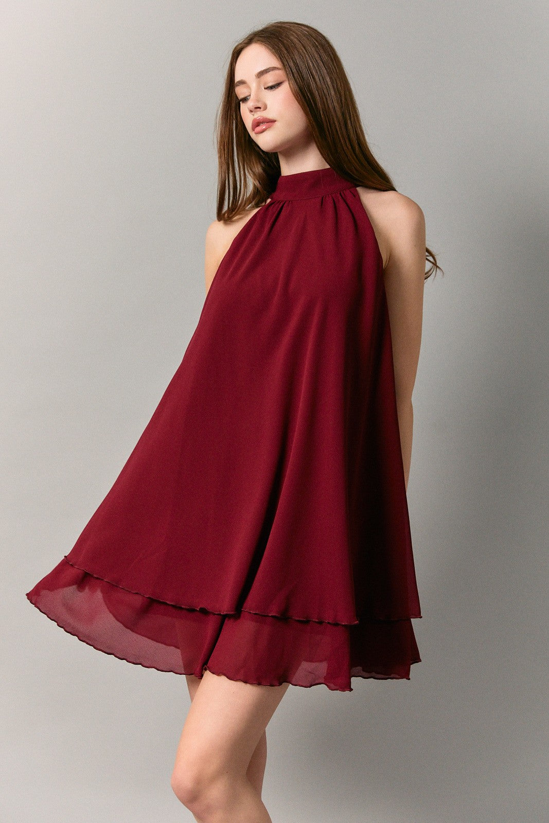 Halter Neck Tiered Dress Maroon