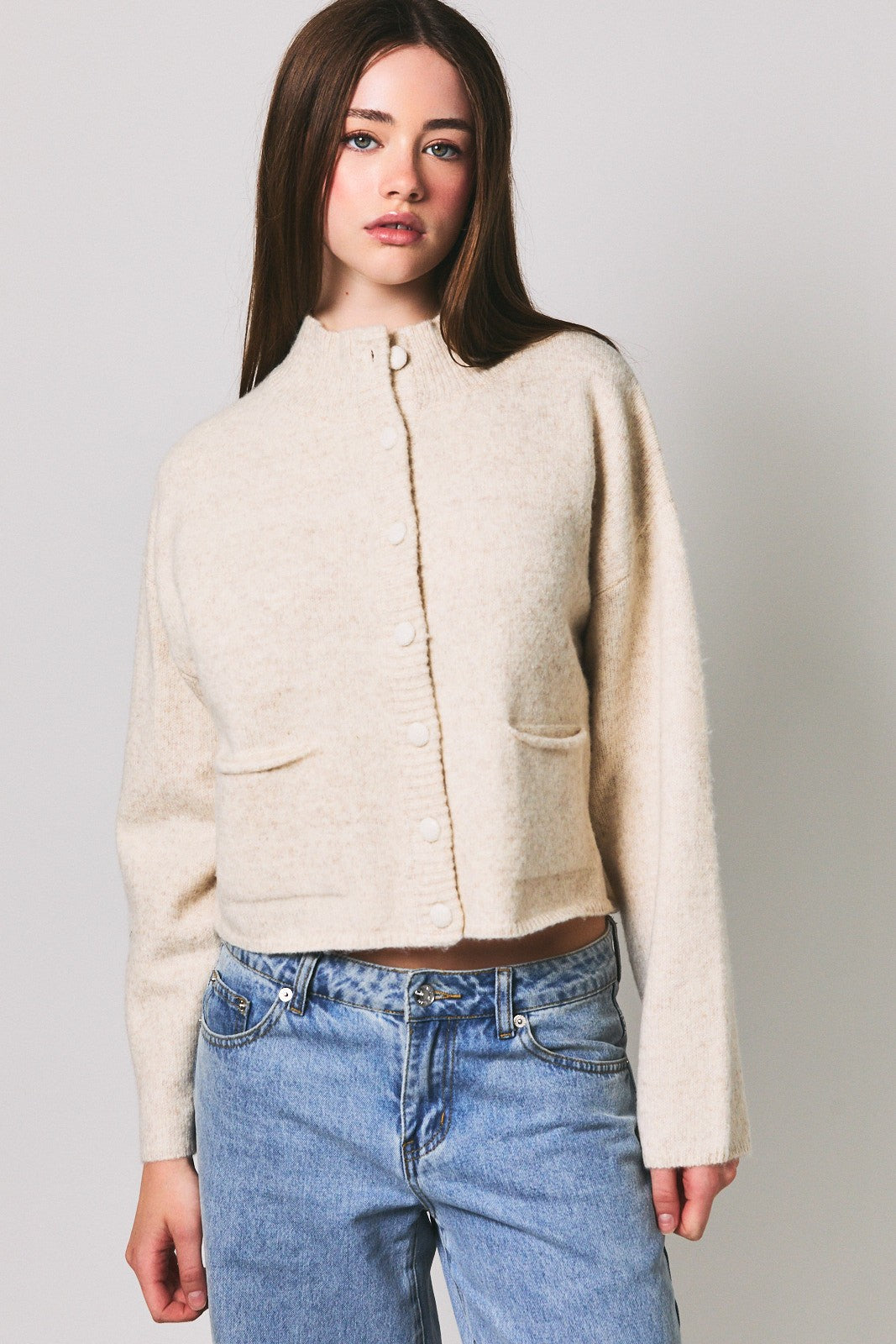 Mock Neck Button Up Cardigan