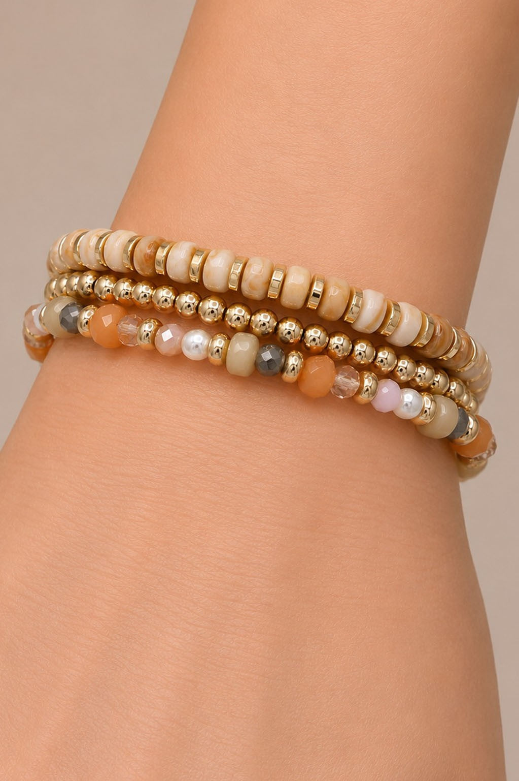 Layered Beaded Bracelets Biege
