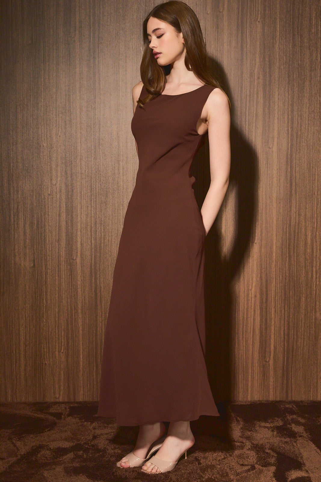 Cowl Back Midi Dress Brown