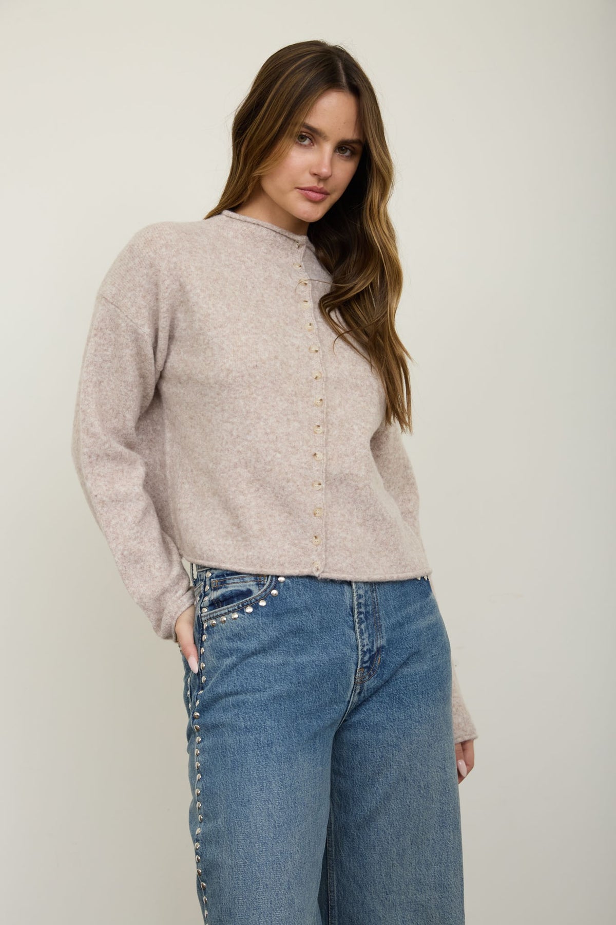 Mock Neck Cardigan Oat