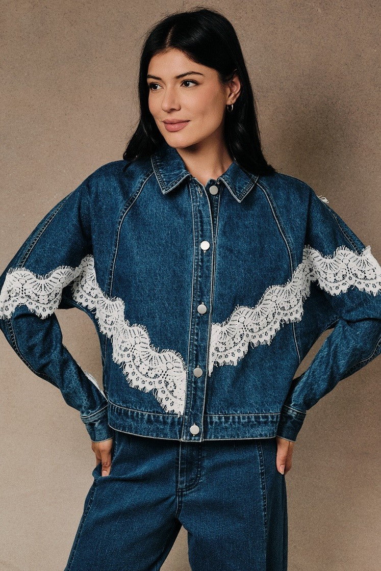 Contrast Lace Detail Denim Jacket