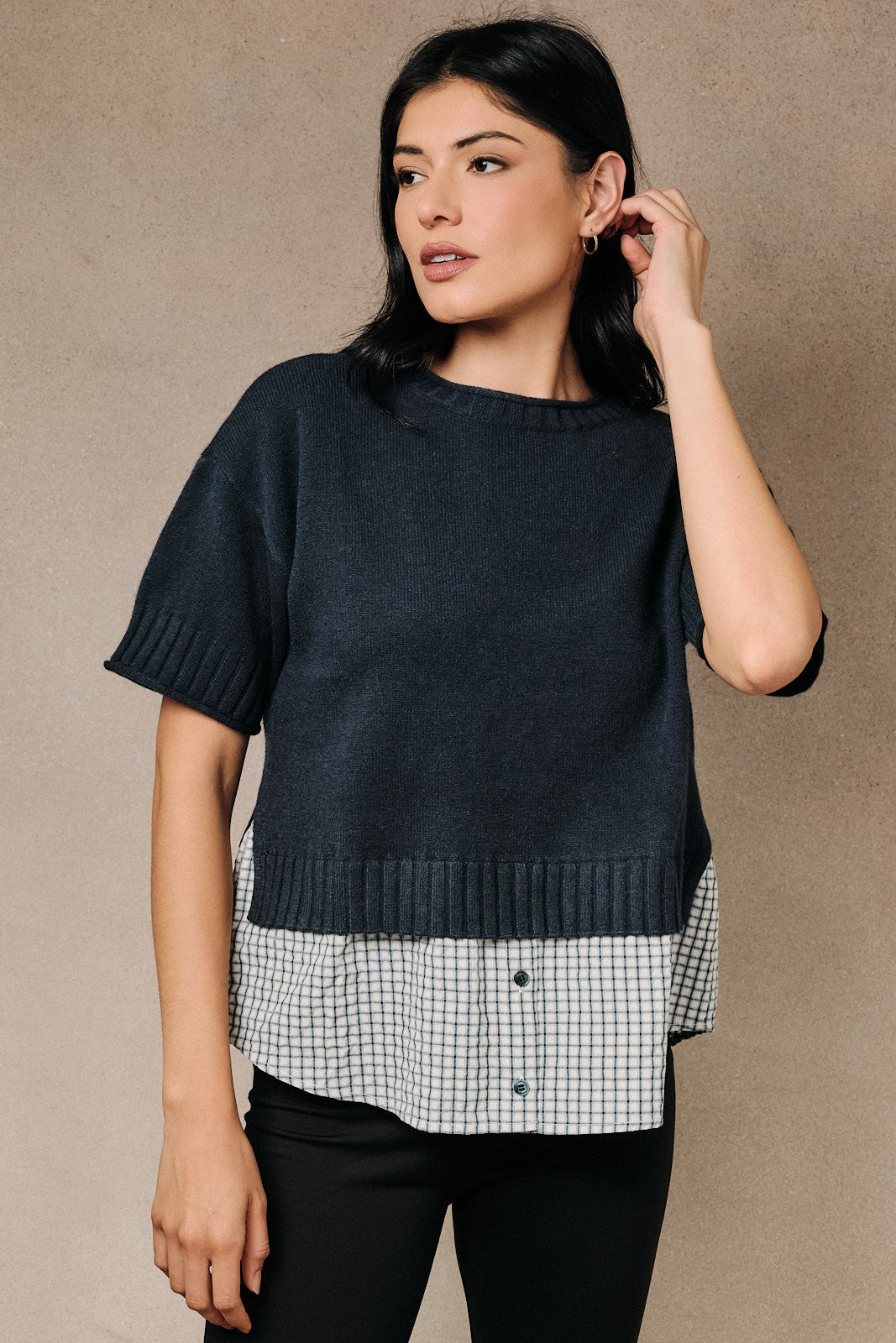 Short Sleeve Mixed Media Knit Top