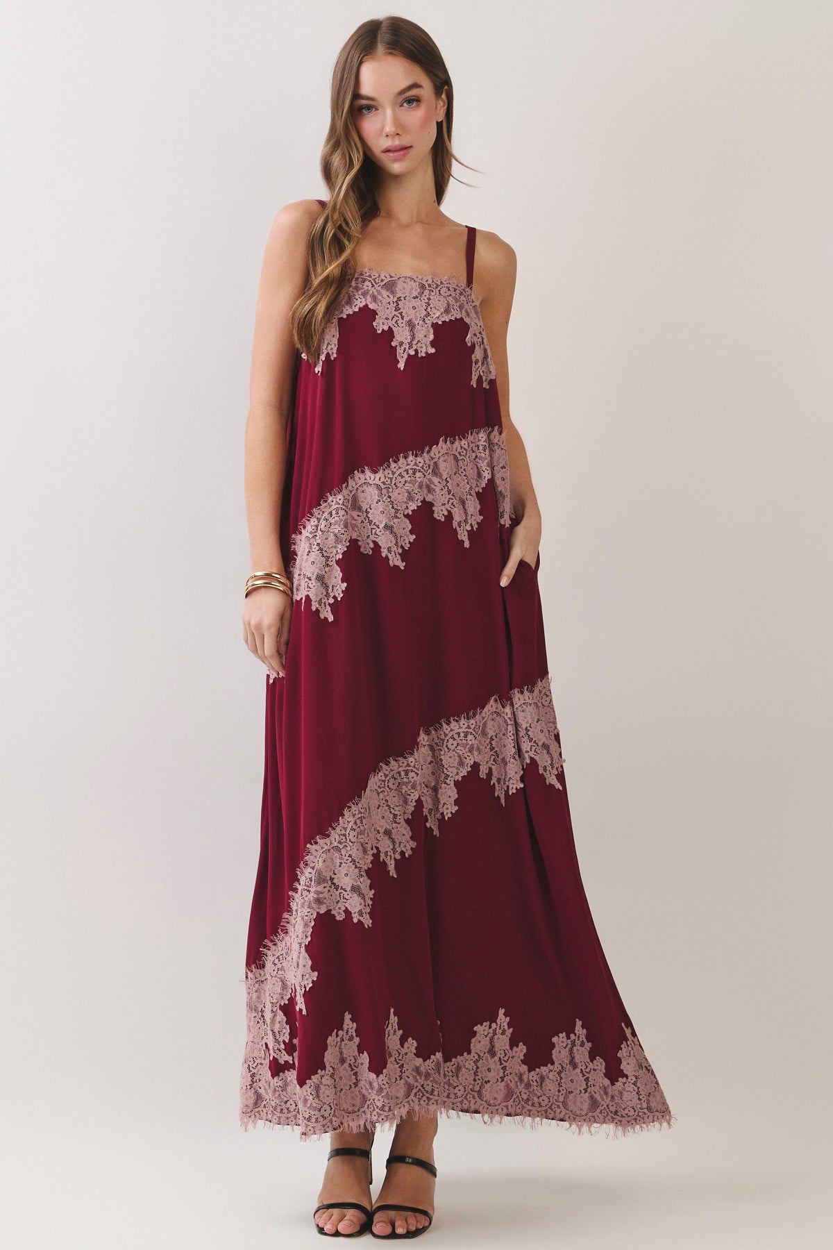 Contrast Lace Maxi Dress Burgundy