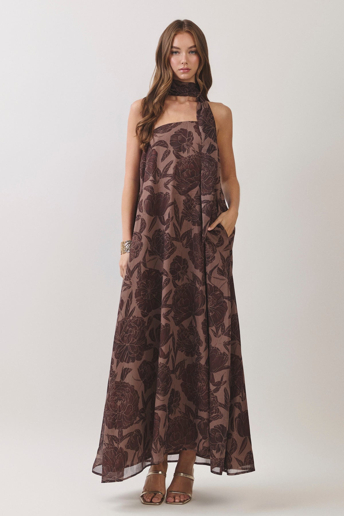 Floral Strapless Maxi w/ Scarf Brown